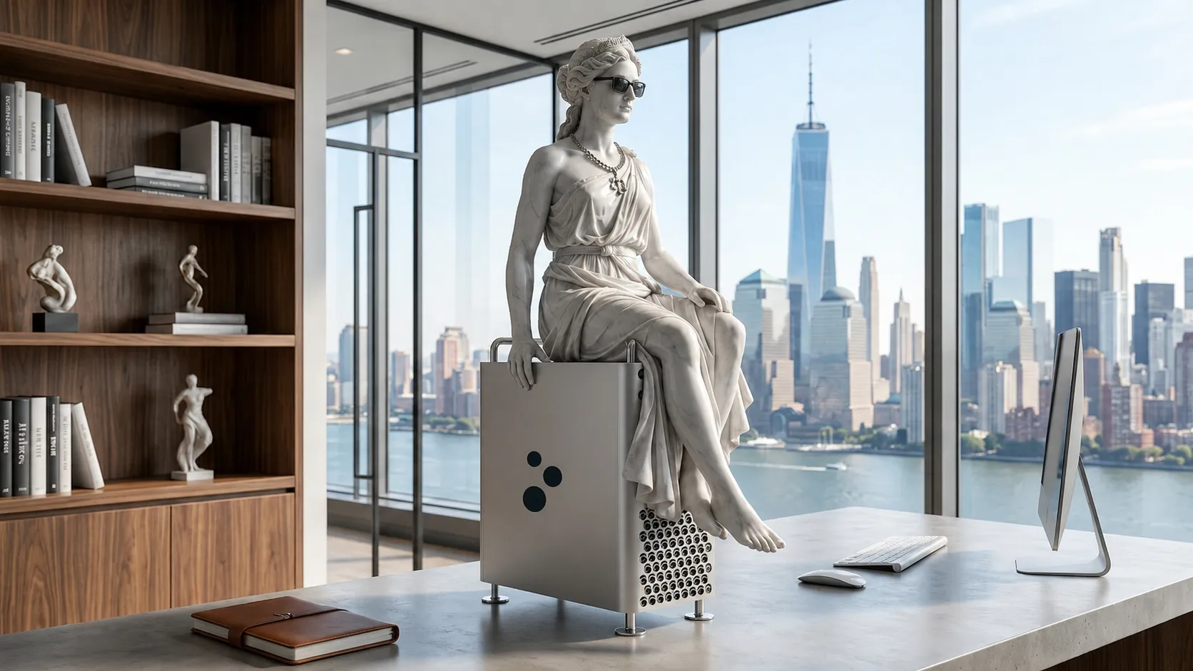 A Themis statue and Harmonity infrastructure in a modern, city-view office.