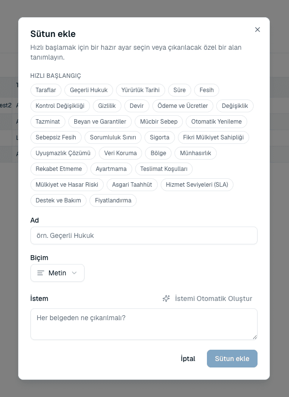 Ön ayarlar, ad, biçim, etiketler ve prompt alanlarını gösteren Sütun ekle penceresi