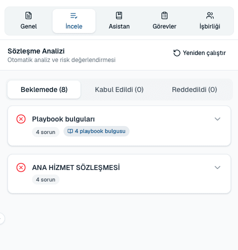 Sözleşme metninin yanında bulguları bölümlere göre gruplayan Sözleşme Analizi paneli