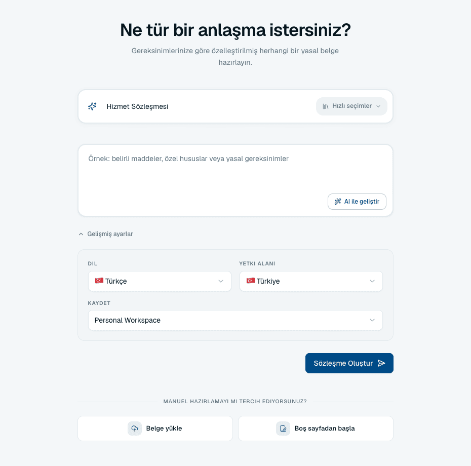 Sözleşme türü, dil, yargı yetkisi, ek gereksinimler ve çalışma alanını gösteren Gelişmiş ayarlar paneli
