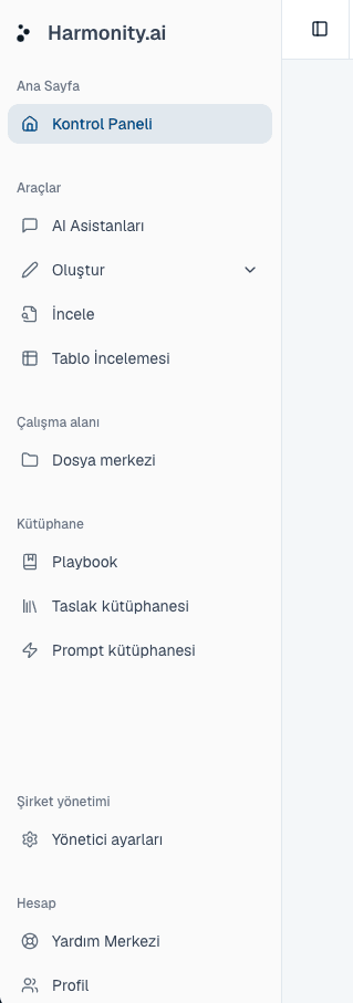 The Harmonity sidebar showing the Home, Tools, Workspace, Library, Company management and Account groups