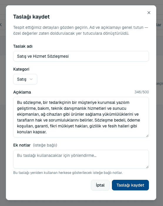 The Save template dialog with name, category, description and additional notes