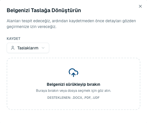 Belge için sürükle-bırak alanı bulunan Taslağa Dönüştür penceresi