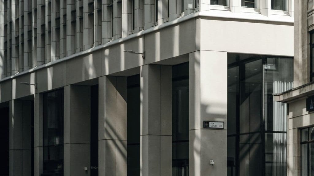 The façade of a modern legal and business district building